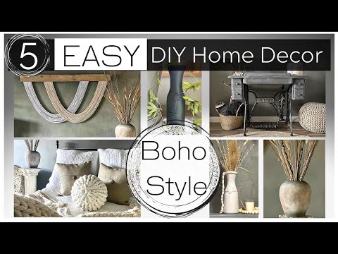 5 DIY Home Decor Ideas: Macrame wall art, Hand knit round pillow, glass vase &Chalk Painted Table