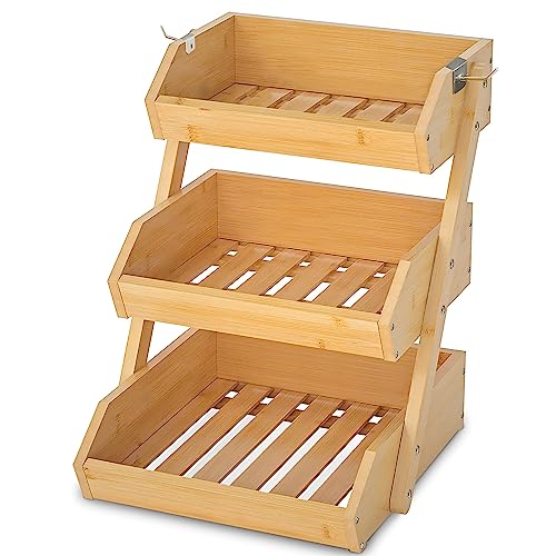 Bamboo Fruit Basket 3 Tier 33 Lbs Capacity 12mm Thickness Raised Bottom Ideal For Bread Toiletries Snacks Seasonings Fruit Bowl For Kitchen Counter Dining Table Etc 0