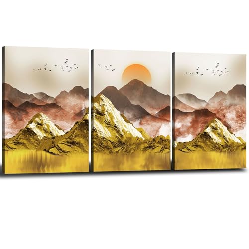 Abstract Wall Art Geometric Mountain Pictures Wall Decor Gold Sun Minimalist Canvas Prints Abstract Sunrise Painting For Living Room Bedroom Office Home Decorations 12x16 3 Pcs Boho Modern Artworks 0