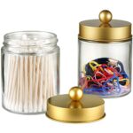 Apothecary Jars Bathroom Countertop Storage Organizer Canister Cute Qtip Dispenser Holder Glass With Lid For Cotton Swabsbath Saltshair Band 2 Packgold 0 0