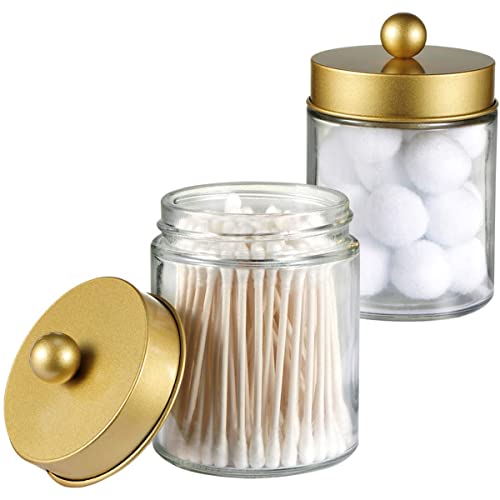 Apothecary Jars Bathroom Countertop Storage Organizer Canister Cute Qtip Dispenser Holder Glass With Lid For Cotton Swabsbath Saltshair Band 2 Packgold 0