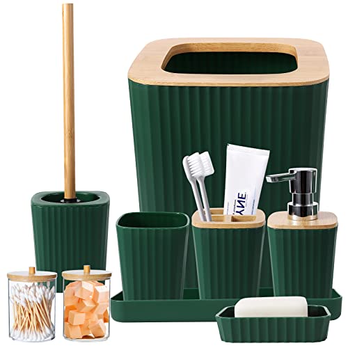 Bathroom Accessories Sets Complete 9 Piece Dark Green Bathroom Accessories With Trash Can Vanity Tray Soap Dispenser Soap Dish Toothbrush Holder Toothbrush Cup Toilet Brush And Qtip Holders 0