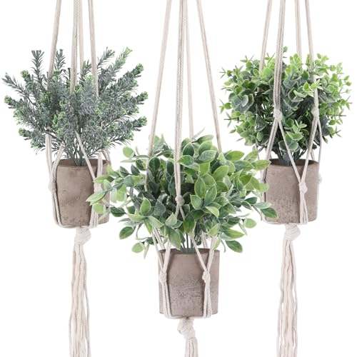 Cewor Fake Hanging Plants 3 Pack Artificial Plants With 3 Macrame Plant Hangers Mini Potted Fake Plants Faux Plastic Eucalyptus Rosemary Plants For Home Office Bathroom Kitchen Farmhouse Room Decor 0