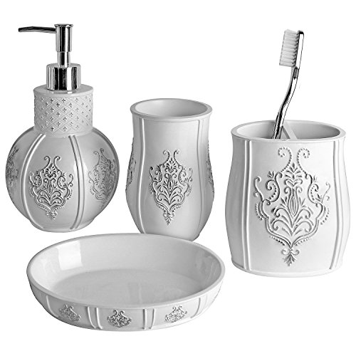 Creative Scents Bathroom Accessories Set 4 Piece Vintage White Bathroom Set French Style Bathroom Accessory Set Features Soap Dispenser Toothbrush Holder Tumbler Soap Dish 0
