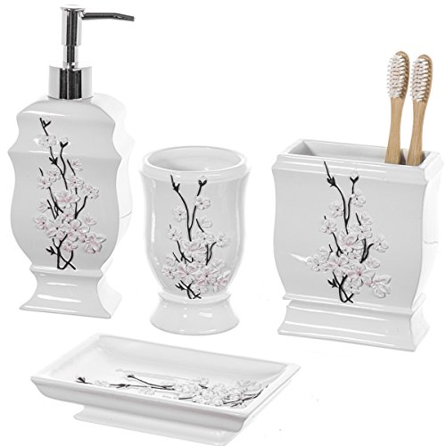 Creative Scents White Bathroom Accessories Set Decorative 4 Piece Bathroom Set Cherry Blossom Bathroom Accessory Set Includes Soap Dispenser Toothbrush Holder Tumbler And Soap Dish Vanda 0