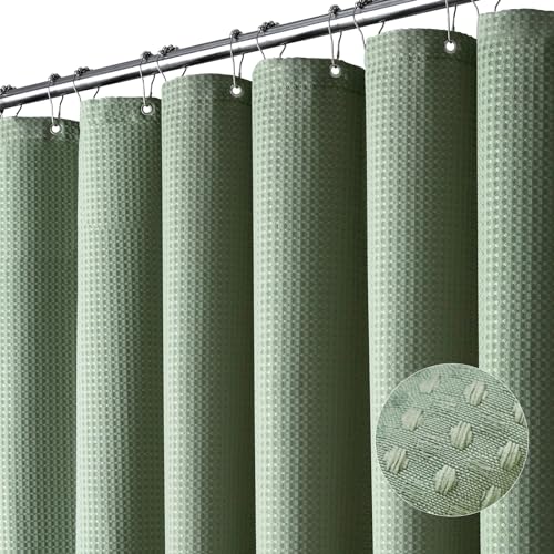 Dynamene Sage Green Shower Curtain Waffle Textured Heavy Duty Thick Fabric Shower Curtains For Bathroom 256gsm Luxury Weighted Polyester Cloth Bath Curtain Set With 12 Plastic Hooks72wx72hgreen 0