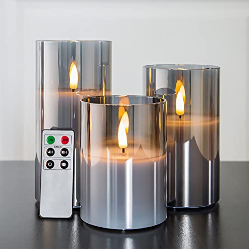 Eywamage Grey Glass Flameless Candles With Remote Battery Operated Flickering Led Pillar Candles Real Wax Wick 3 H 4 5 6 0