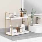 Forbena Bathroom Organizer Countertop Counter Organizer For Bathroom Decor Wooden Sink Organizer Shelf For Vanity Storage Organizer Tray For Makeup Bedroom Corner 2 Tier White And Gold 0 1