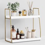 Forbena Bathroom Organizer Countertop Counter Organizer For Bathroom Decor Wooden Sink Organizer Shelf For Vanity Storage Organizer Tray For Makeup Bedroom Corner 2 Tier White And Gold 0