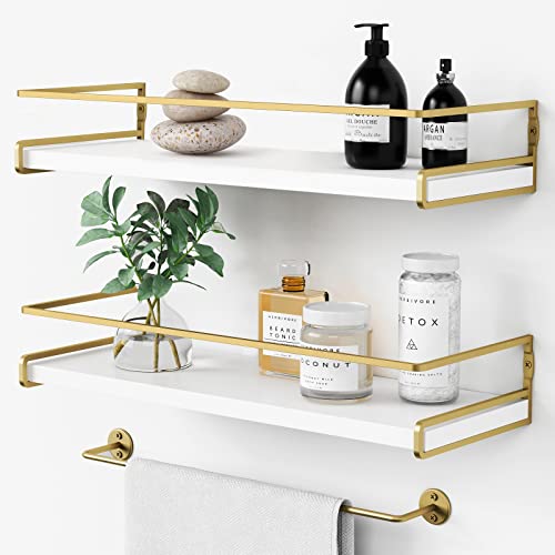 Forbena Floating Bathroom Shelves Wall Mounted Aesthetic White And Gold Shelves For Bathroom Accessories Modern Bathroom Organizer With Tower Bar For Wall Decor Storage Small Spaces Set Of 2 0