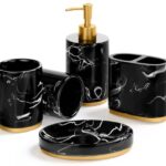 Haturi Bathroom Accessories Set 5 Pcs Marble Look Bathroom Sets For Counter Top Restroom Apartment Decor Stuff Imitated Resin Kits Gift For Women And Men Ink Black Gold 0