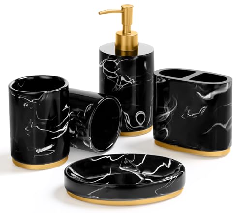 Haturi Bathroom Accessories Set 5 Pcs Marble Look Bathroom Sets For Counter Top Restroom Apartment Decor Stuff Imitated Resin Kits Gift For Women And Men Ink Black Gold 0