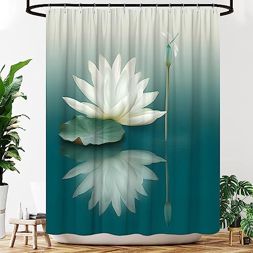 Lotus Shower Curtain White Flower Teal Dragonfly Unique Art Aesthetic Blue Green Fabric Bathroom Decor Curtains With Hooks 0