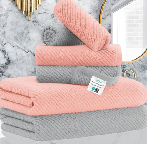 Towels Set For Bathroom 100 Cotton Soft Quick Dry Thick 6 Pieces Towel Set 2 Large Bath Towels 3056 2 Hand Towels 1828 2 Washcloths 1313 Bathroom Decor Sets Grey And Pink 0