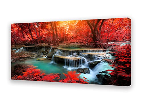 Bk03950 Wall Art Decor Canvas Print Picture Red Forest Waterfalls 1 Piece Modern Landscape Tree For Living Room Bedroom Kitchen Office Home Decorations Stretched And Framed Ready To Hang 0