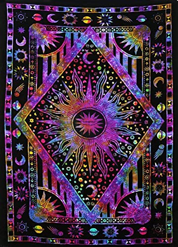 Burning Sun Tie Dye Tapestry Celestial Sun Moon Star Planet Bohemian Poster Tapestry Tarot Wall Hanging Boho Hippie Hippy Beach Coverlet Curtain Purple Multi 30x40 0