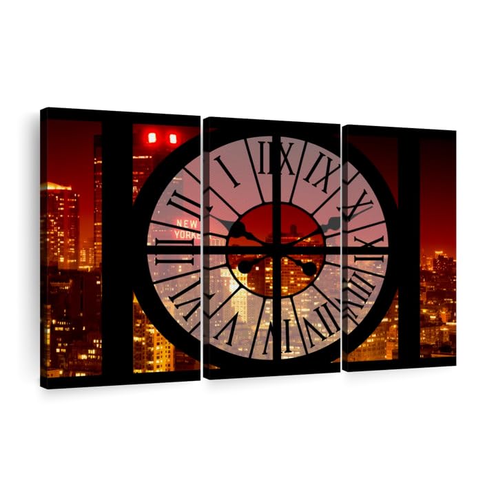 Clock Window Nyc Red Night Wall Art Horizontal Canvas 3 Piece Living Room Wall Decor Window Photography Canvas Print Black And Orange Decor For Wall By Philippe Hugonnard 23 X 14 0