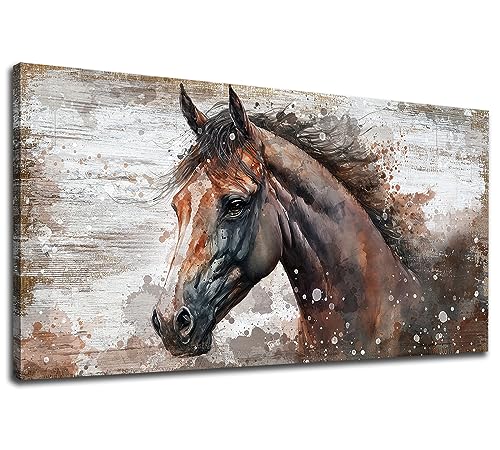 Large Horse Canvas Wall Art Brown Horse Picture For Wall Decor Rustic Wood Plank Effect Canvas Painting Animal Portrait Canvas Print Artwork For Living Room Bedroom Wall Decoration 24 X 48 0