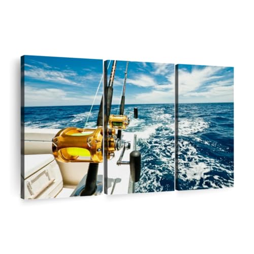Ocean Fishing Reels Wall Art Horizontal Wrapped Canvas 3 Piece Living Room Wall Decor Photography Photographic Canvas Print Beige And Gray Decor For Wall 50 X 32 0