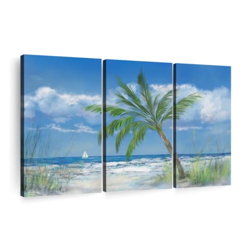 Palm Tree Paradise Wall Art Horizontal Wrapped Canvas 3 Piece Living Room Wall Decor Painting Beach Canvas Print Blue And Green Decor For Wall By Julie Derice 57 X 36 0