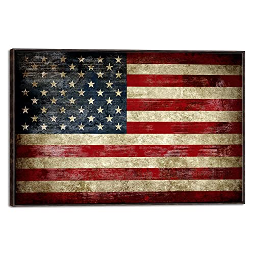 Pyradecor Walnut Framed Extra Large Old Vintage American Flag Canvas Wall Art Abstract Landscape Pictures Paintings For Living Room Office Home Decorations 0