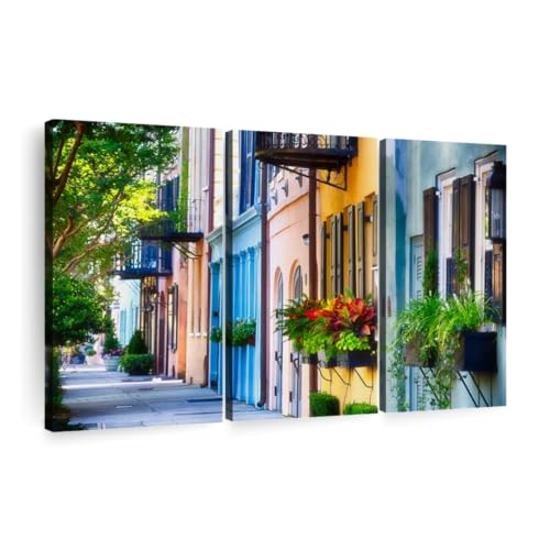Row Of Colorful Historic Houses Wall Art Horizontal Canvas 3 Piece Bathroom Wall Decor Photography Photographic Canvas Print Pink And Blue Decor For Wall 23 X 14 0