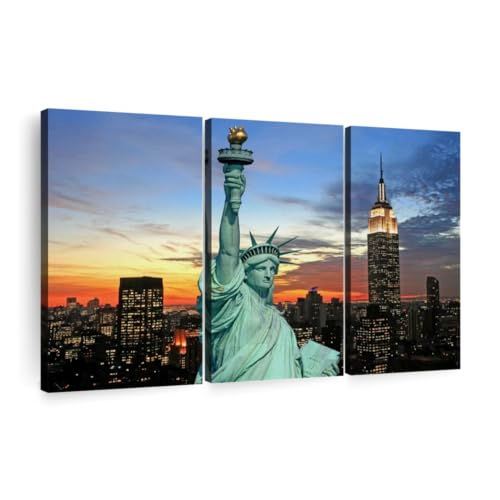 Statue Of Liberty And Skyline Wall Art Horizontal Canvas 3 Piece Living Room Wall Decor Photographic Canvas Print Black And Blue Decor For Wall 23 X 14 0