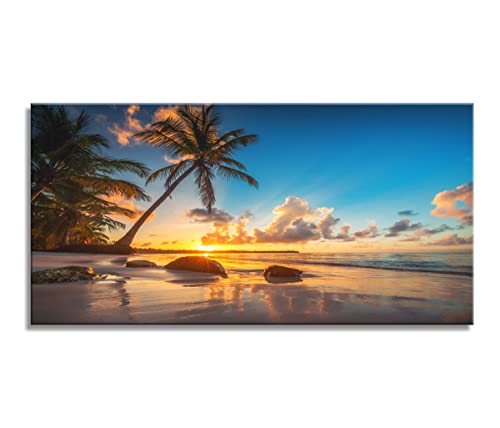 Wall Art Canvas Painting Sunset On A Tropical Beach With Palm Trees 1 Piece Blue Sky Ocean Seaview Picture Poster Print Framed And Stretched Ready To Hang For Living Room Bedroom Office 0