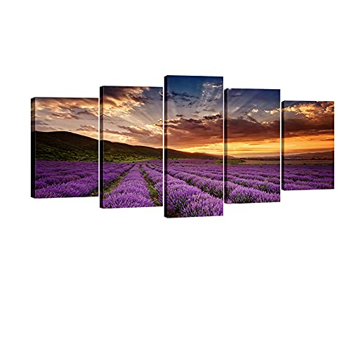 Wieco Art Lavender Field Abstract Canvas Prints Wall Art Purple Flowers Picture 5 Panels Modern Landscape Giclee For Living Room Bedroom Home Office Decorations 0