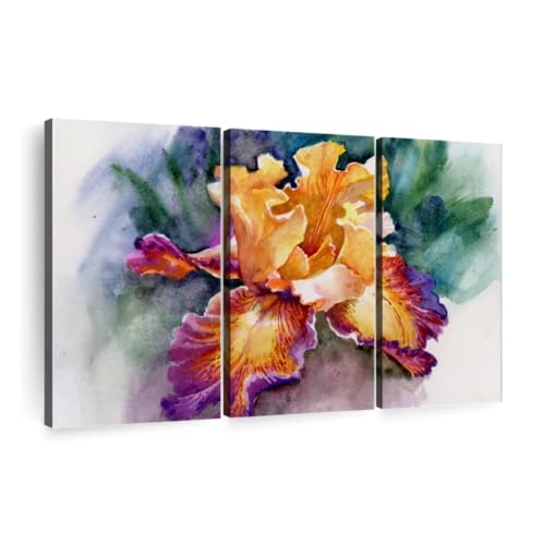 Yellow Iris Flower Wall Art Horizontal Canvas 3 Piece Living Room Wall Decor Watercolor Floral And Botanical Canvas Print Purple And Orange Decor For Wall 23 X 14 0